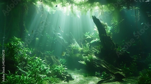 Fototapeta A serene Amazon rainforest aquarium showcasing dense greenery, intricate driftwood, and colorful exotic fish. The gentle, ambient light enhances the lush and tropical underwater setting.