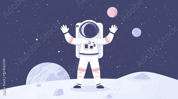 Fototapeta Astronaut in Space Suit Standing on a Lunar Surface with Planets and Stars in the Background