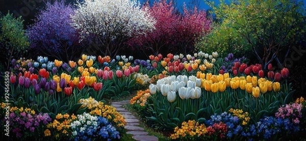 Fototapeta A vibrant garden bursting with colorful flowers, creating a picturesque landscape of beauty and harmony.
