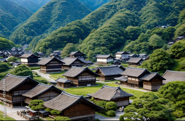 Obraz 日本のかやぶき屋根の街並み