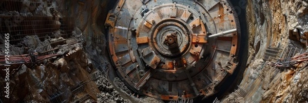 Fototapeta Close-up view of a tunnel boring machine cutter head during ongoing metro construction.