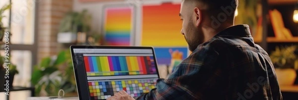 Fototapeta A professional graphic designer viewed from behind, engrossed in work, adjusting vibrant colors on a computer screen in a creative studio setting.