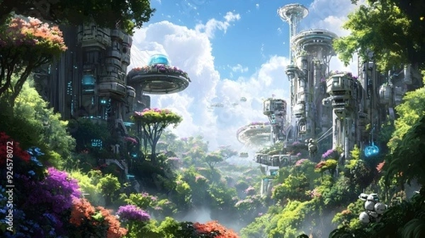 Obraz Thriving Solarpunk Landscape with Integrated High Tech Structures and Robotic Caretakers