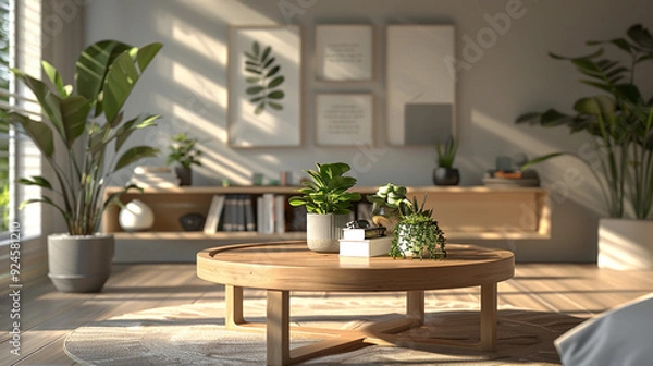 Fototapeta A contemporary room with a wooden table in the center, surrounded by cozy decor like books and small plants.