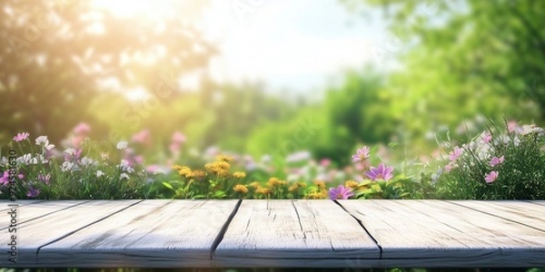 Fototapeta Wooden table with a spring or summer background featuring colorful flowers, perfect for product display in a bright, warm, and natural garden setting.