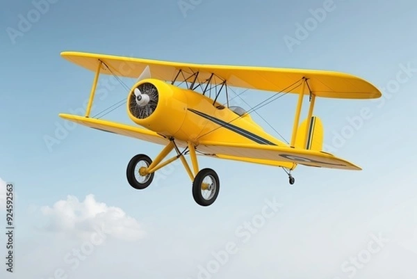 Fototapeta Vibrant Yellow Biplane in Flight on Crisp White Background Experience the Thrill of Aviation in 3D Rendering