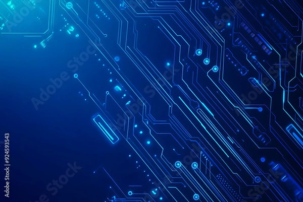 Fototapeta Vector illustration of a blue circuit board background featuring abstract digital tech patterns, with ample space for text or titles.
