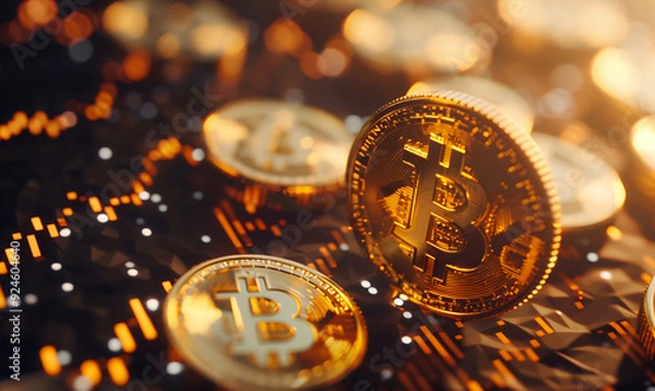 Obraz Gold coins with a dollar and bitcoins sign on top stacked in front of a rising graph line and trading chart background, concept of business success, economic or market growth, investment revenue