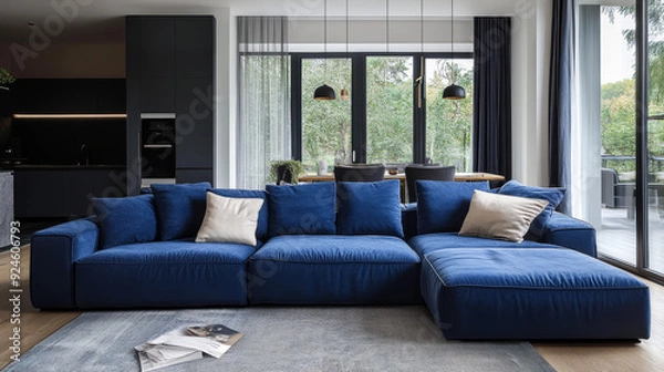 Fototapeta  A spacious living room featuring a large, blue, and cozy corner sofa. The room is highlighted by big windows that open up to a dark-toned kitchen,