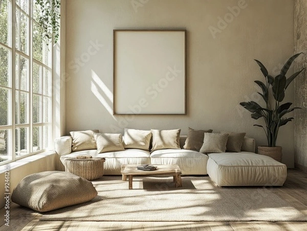 Fototapeta A living room with a white couch, a coffee table, and a potted plant