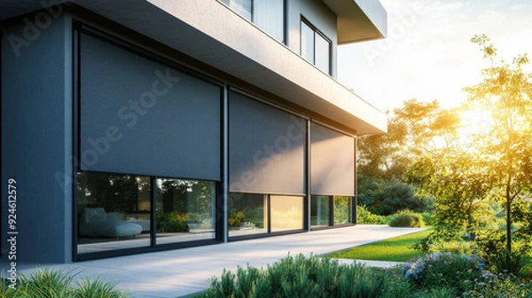 Fototapeta visual featuring roller blinds installed on a panoramic window of a modern house. The external shutters are shown providing sun protection and privacy for the exterior of the home.