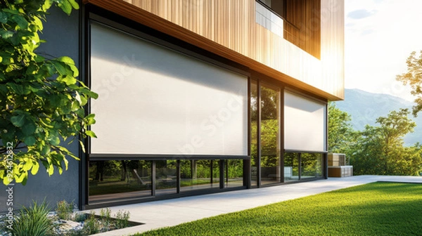 Fototapeta visual featuring roller blinds installed on a panoramic window of a modern house. The external shutters are shown providing sun protection and privacy for the exterior of the home.