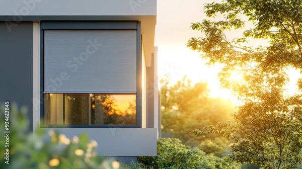 Fototapeta visual featuring roller blinds installed on a panoramic window of a modern house. The external shutters are shown providing sun protection and privacy for the exterior of the home.
