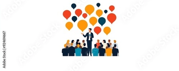 Fototapeta Business presentation illustration with a speaker addressing a diverse audience. Colorful speech bubbles symbolize ideas and communication.