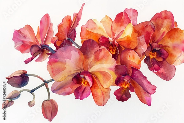 Fototapeta Enchanted watercolor clipart of a firefly orchid, each bloom a light in the dark, isolate on white background Nature's tiny lanterns, unique hyper-realistic illustrations --no grunge, splash, dust--ni