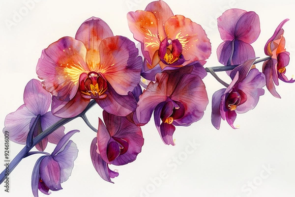 Fototapeta Enchanted watercolor clipart of a firefly orchid, each bloom a light in the dark, isolate on white background Nature's tiny lanterns, unique hyper-realistic illustrations --no grunge, splash, dust--ni