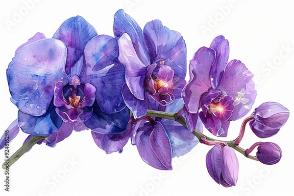 Fototapeta Enchanted watercolor clipart of a firefly orchid, each bloom a light in the dark, isolate on white background Nature's tiny lanterns, unique hyper-realistic illustrations --no grunge, splash, dust--ni