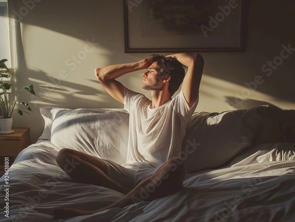 Obraz A man gets out of bed, stretches a little, and sits on the bed to greet the new day.