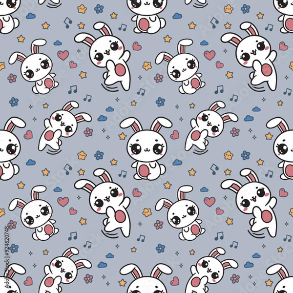 Obraz Cute kawaii bunny. Seamless vector pattern with rabbits and kawaii elements. 