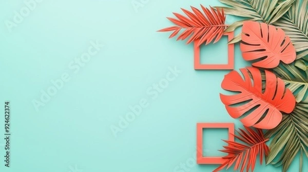 Fototapeta Serene Monotone Coral-Colored Tropical Leaves on Pale Mint Background, Generative Ai