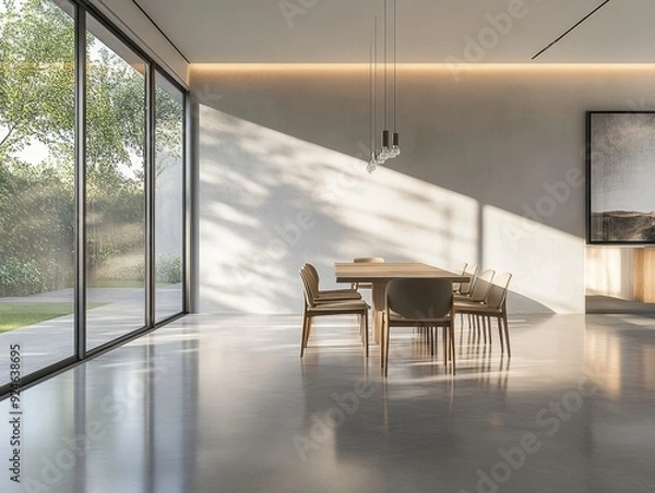 Fototapeta A large, open room with a wooden table and chairs