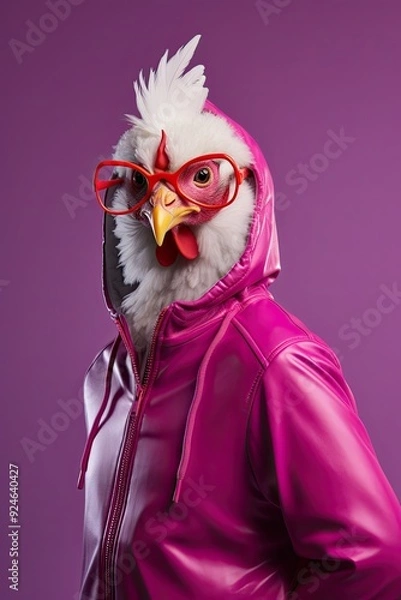 Fototapeta Stylish and Swagged-Out Chicken Character: Realistic Cartoon Bird in Trendy Clothing and Fashionable Pose, Combining Anthropomorphic Charm with a Playful Fashion Sense