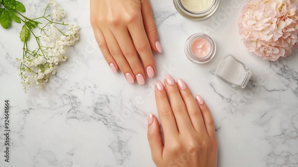 Fototapeta Overhead view of a pair of hands with healthy, manicured nails placed on a marble countertop. The nails are polished with a clear coat, showing a healthy pinkish tint and strong, smooth texture. 