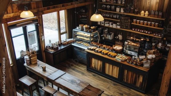 Fototapeta A cozy, rustic cupcake shop with wooden tables and a selection of homemade cupcakes