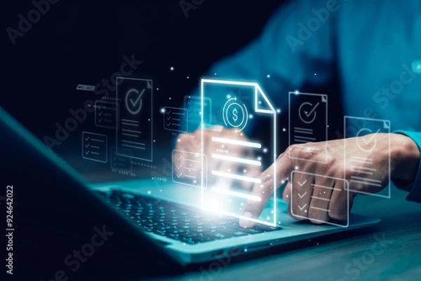 Fototapeta Online survey filling out and digital form checklist by laptop computer, Document Management Checking System, online documentation database and process manage files.