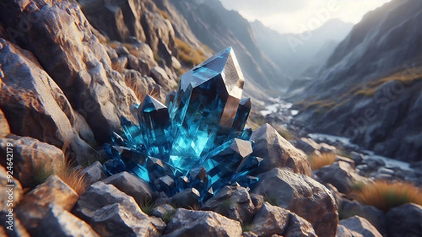 Fototapeta A beautifully created, realistic HD image of a natural topaz crystal embedded in a rocky mountainside.