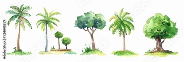 Fototapeta Trees Hand Drawn. Watercolor Collection of Forest Trees and Nature Clip Art
