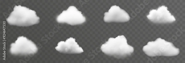 Fototapeta Set of vector clouds, fog or smoke on an isolated transparent background. Cloud, smoke, png.