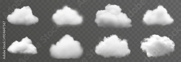 Fototapeta Set of vector clouds or smoke on an isolated transparent background. Cloud, smoke, fog