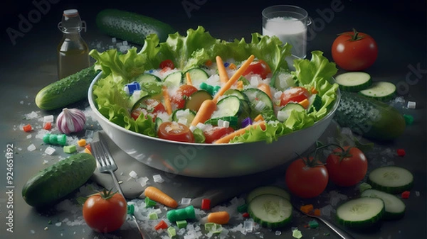 Fototapeta A beautifully created, realistic HD image of a bowl of fresh salad with microplastic contamination.