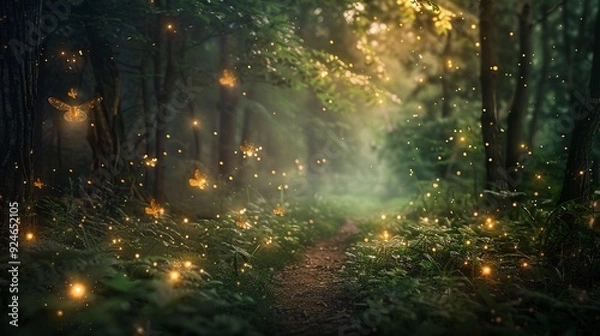 Fototapeta Glowing fireflies, twilight forest path, soft focus, magical evening, serene ambiance