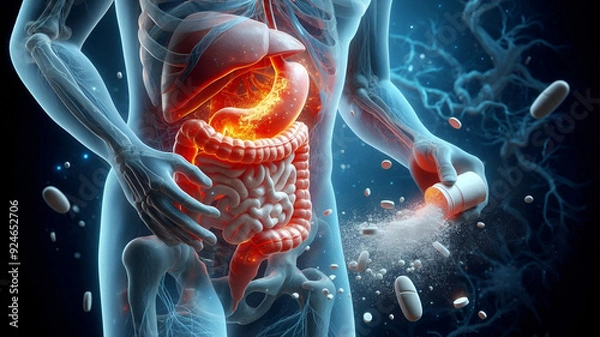 Fototapeta A beautifully created, realistic HD image depicting the process of paracetamol absorption in the human body, focusing on the journey of the medication from the stomach to the bloodstream.