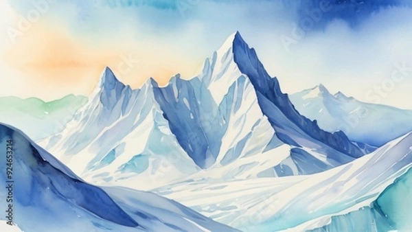 Fototapeta watercolor of A stunning iceberg, surrounded by snow-capped mountains and a vast winter landscape under a clear blue sky