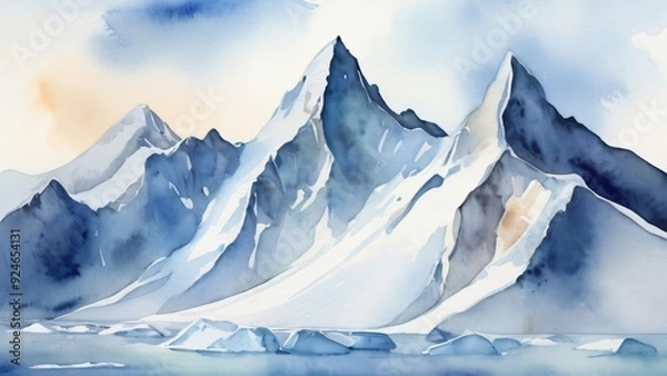 Fototapeta watercolor of A stunning iceberg, surrounded by snow-capped mountains and a vast winter landscape under a clear blue sky