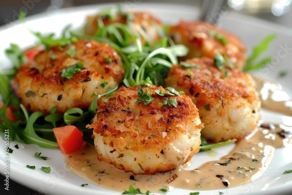 Fototapeta A plate of crispy scallops served on a bed of greens with a creamy sauce.