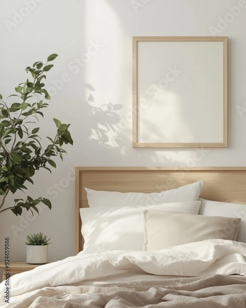 Fototapeta A bed with a white comforter and pillows, a potted plant