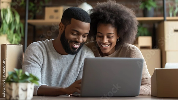 Fototapeta A couple browsing a website for home decor ideas on a laptop with moving boxes in the background 
