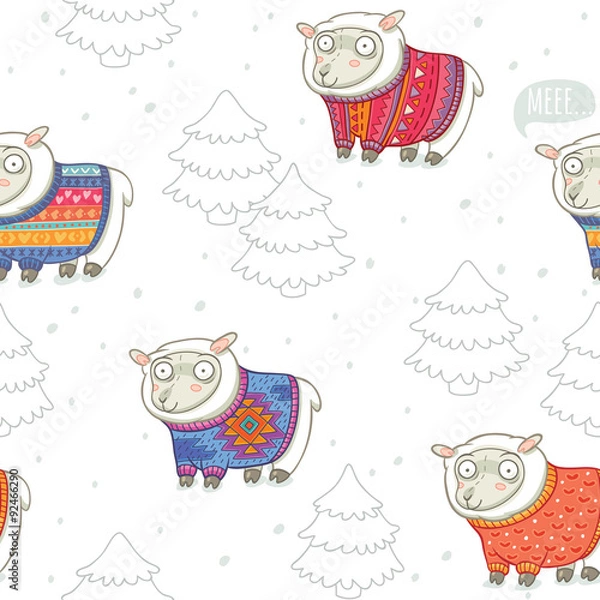 Fototapeta Seamless pattern with cute sheep in knitted sweaters