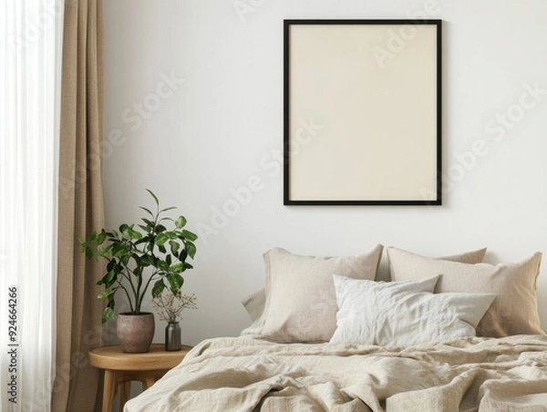 Obraz A white framed picture hangs on a wall in a bedroom
