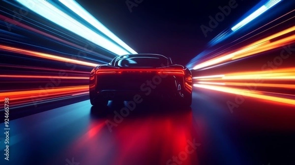 Fototapeta A black sports car races through a tunnel, leaving streaks of red and blue light in its wake, symbolizing speed, power, and dynamism.