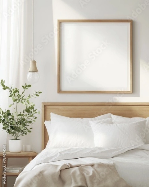 Fototapeta A bed with a white comforter and pillows, a wooden headboard