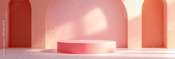 Fototapeta A minimalist product display featuring a round platform in a pink archway setting with soft natural lighting. Perfect for showcasing beauty products, cosmetics, or small accessories.