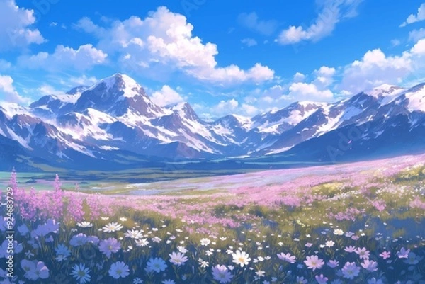 Obraz Stunning mountain landscape with snow-capped peaks, lush green meadows, and a field of colorful wildflowers. Nature scene with blue skies and fluffy clouds.