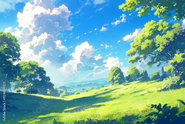 Obraz Vibrant Green Meadow Landscape with Lush Trees and a Clear Blue Sky with Fluffy Clouds. Illustration of a Natural Tranquil Scene