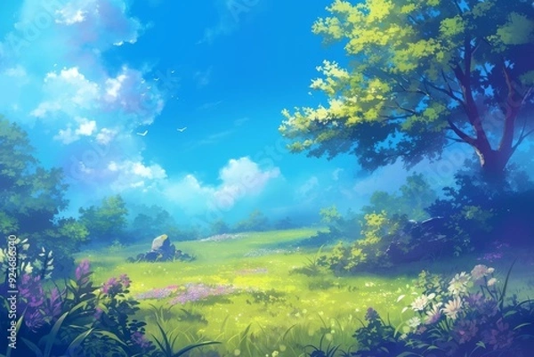 Obraz Vibrant green field with lush trees and blue sky with fluffy white clouds. Concept of nature, countryside, tranquility, and serenity.