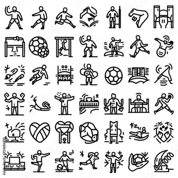 Fototapeta Set of 45 outline icons related to football, soccer. Linear icon collection. Editable stroke. Vector illustration